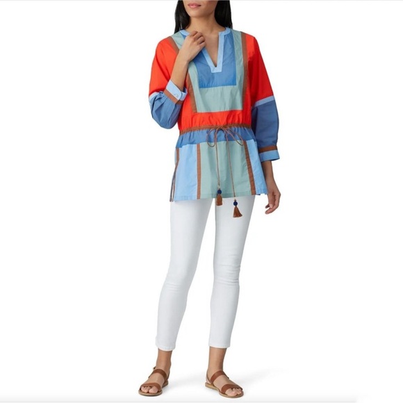 Tory Burch Colorblock Poplin Tunic Top V-Neck 3/4 Sleeve Tie Waist Tasseled, 8 - Picture 1 of 5